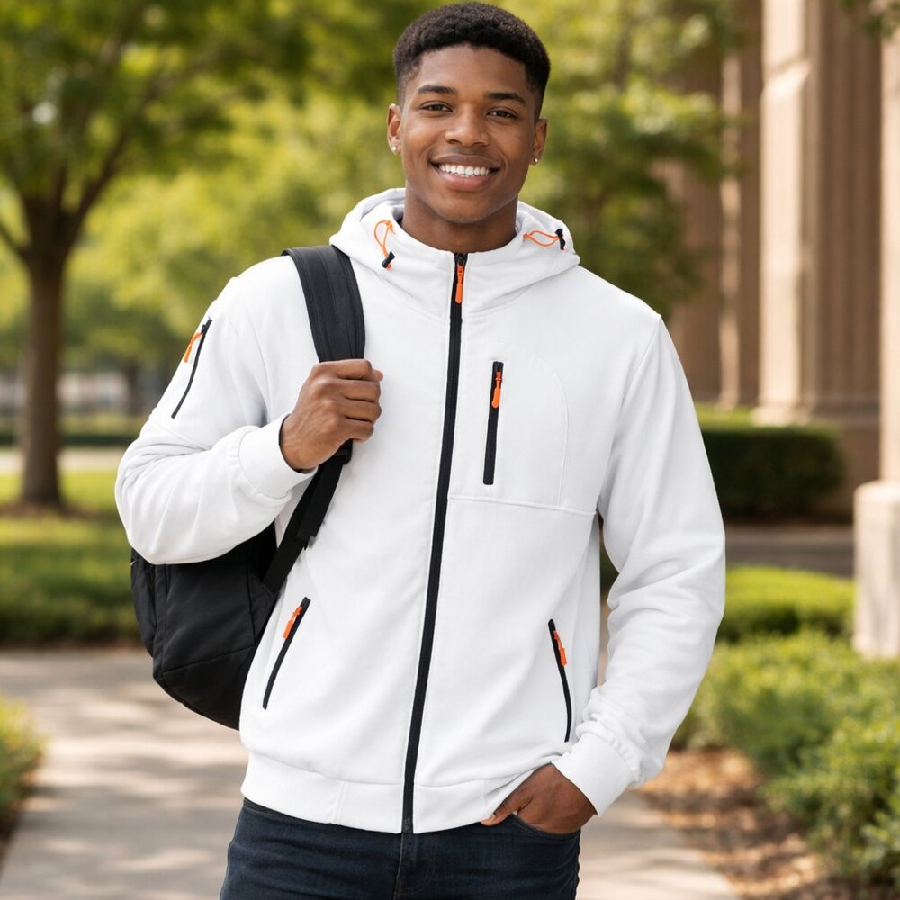 Mens White Full Zip Athletic Sweatshirt Track Sweater Orange Accent Performance